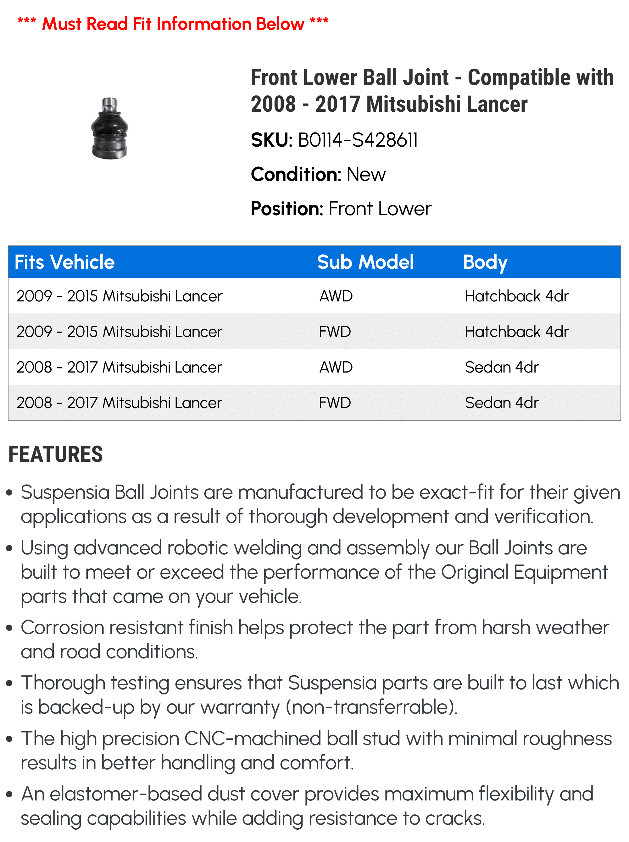 Front Lower Ball Joint - Compatible with 2008 - 2017 Mitsubishi Lancer 2009 2010 2011 2012 2013 2014 2015 2016
