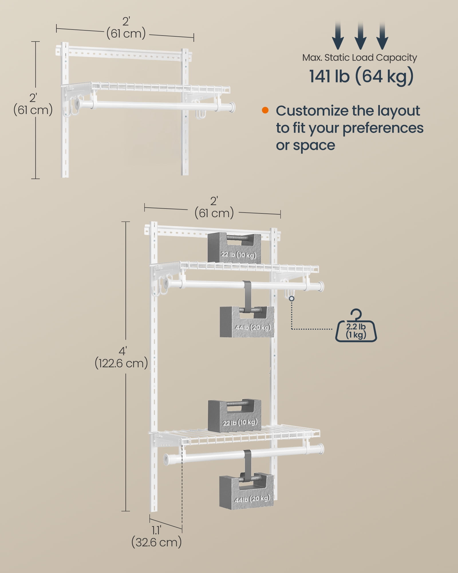 2-4 ft Adjustable Closet System - Metal Shelving Unit with 2 Rods & Shelves, 141 lb Capacity, for Wardrobe/Pantry, Cloud White