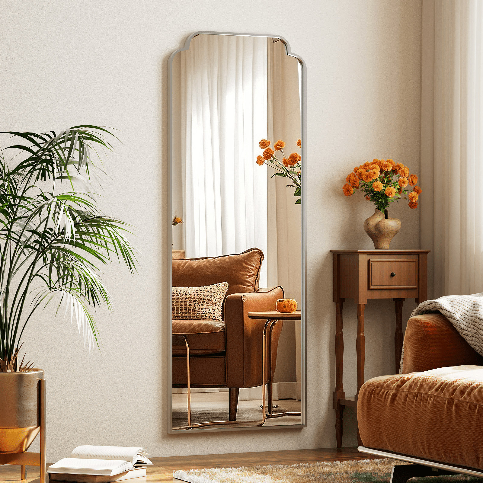 GRAHMCY 64"x21" Arched Full Length Foor Mirror Wall-Mounted Mirror with Deep Frame,, Silver