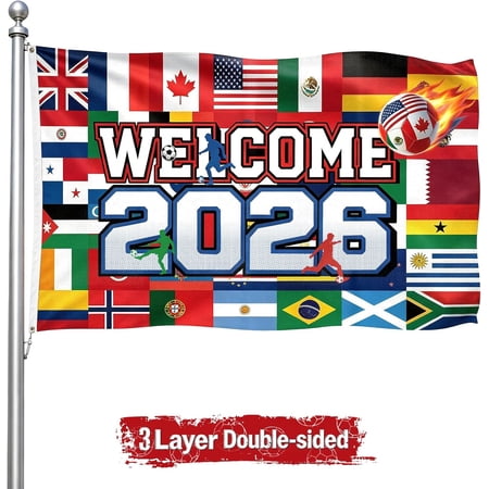 3 Ply World Football Tournament Cup Flag, Welcome 2026 Soccer Festival Flags 3x5 Ft, World Soccer Country Flag Banner Decorations for Outdoor Indoor