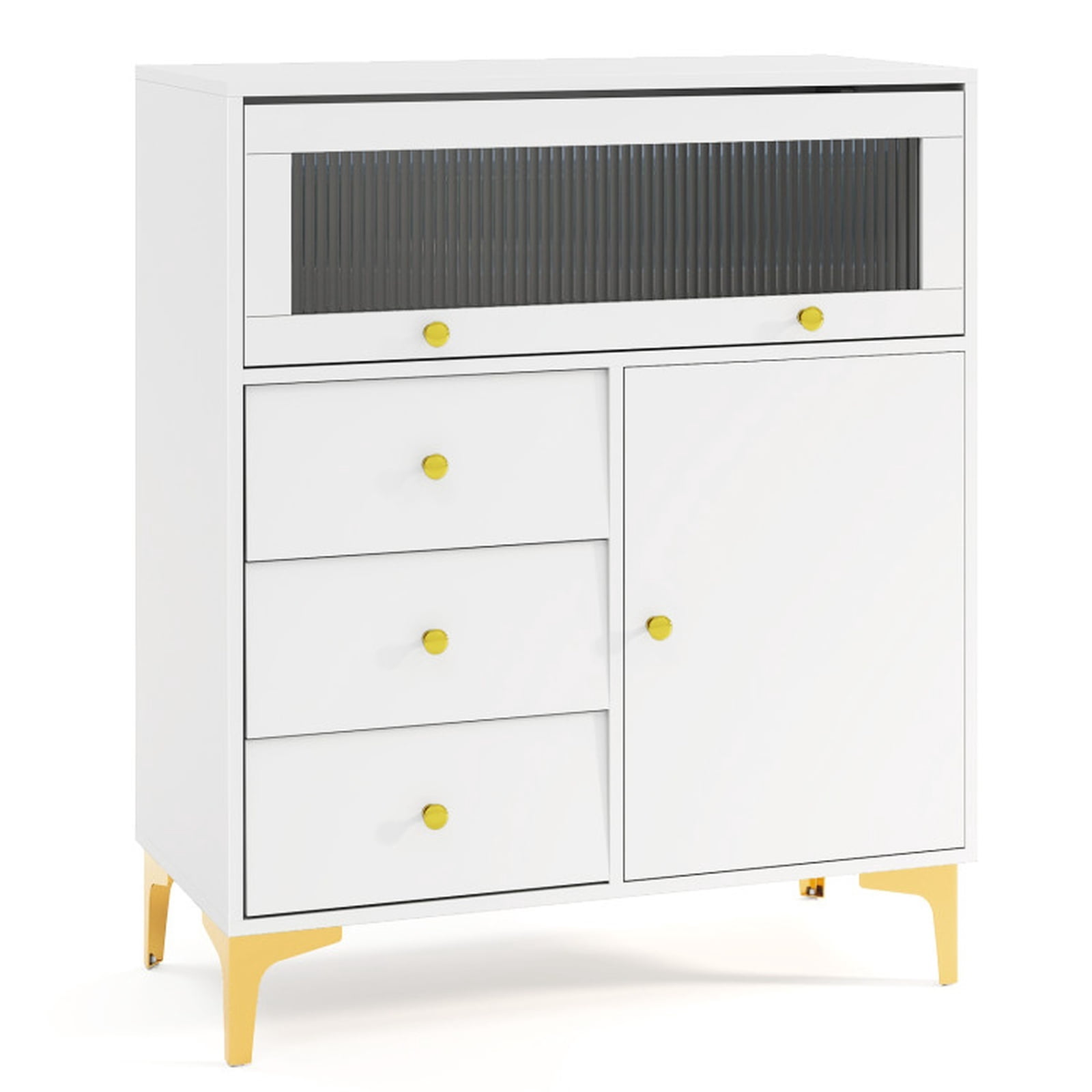 Furnibear Chest of Drawers with Flip Up Fluted Glass Door 3 Drawer Storage Cabinet Dresser for Bedroom Living Room Kitchen, Gray