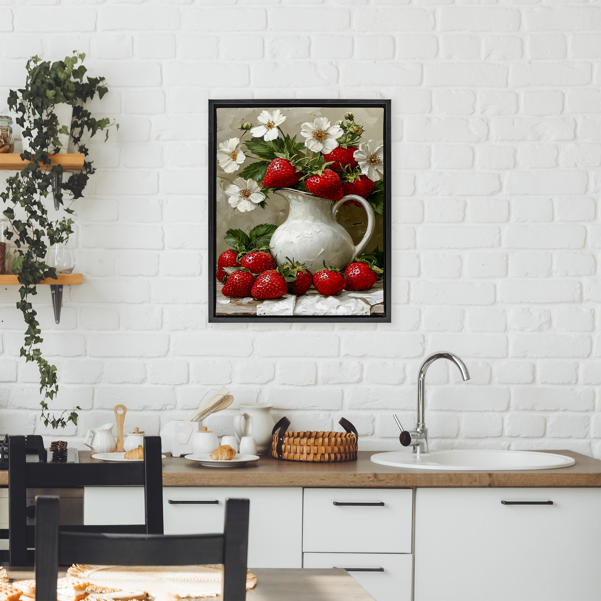 Painterly Strawberries Still Life Black Framed Floater Canvas Wall Art, design by Lettered and Lined