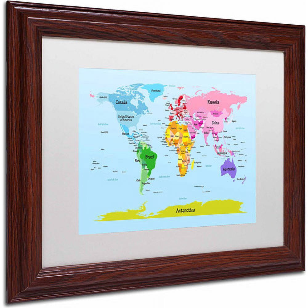 Trademark Fine Art "World Map for Kids" Canvas Art by Michael Tompsett, White Matte, Wood Frame