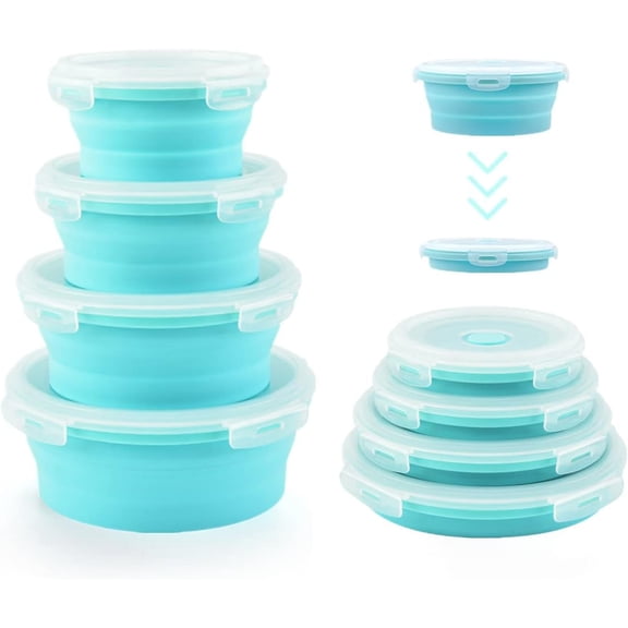 Silicone Collapsible Food Storage Containers-Portable Storage Bowls with Lids – Set of 4 Round Silicone Lunch Containers – Lunch Bento Box BPA free Microwave and Freezer Food Containers (Blue)