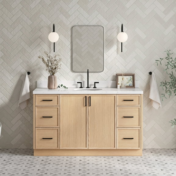 Ariel Kelly 60 Inch Single Oval Sink Bathroom Vanity With Carrara White Quartz Countertop 1.5 Inch Edge In White Oak