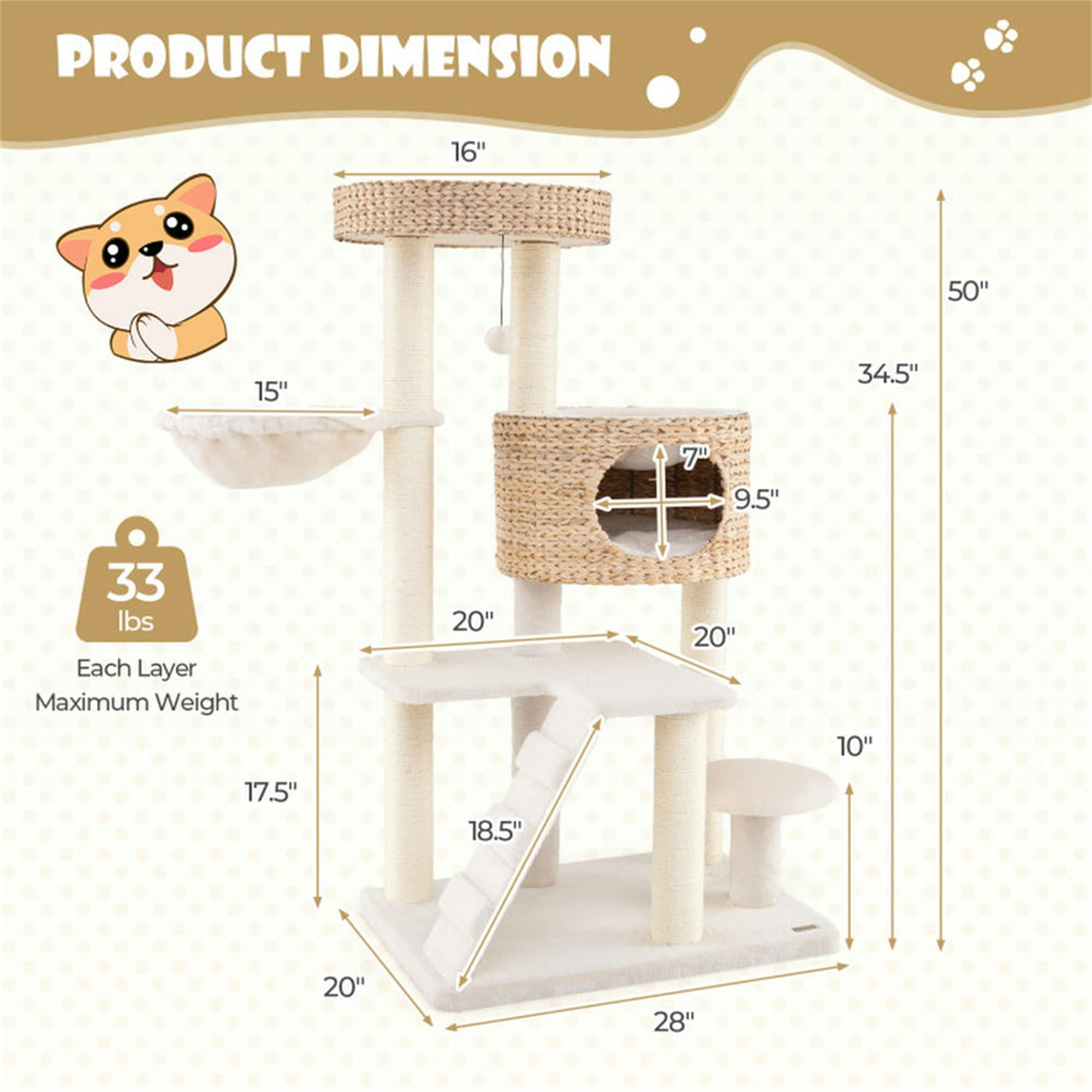 Kadyn 50" Tall Modern Cat Tree for Indoor Cats with Scratching Posts, Hand-Woven Condo and Top Perch, Cat Tower for Kittens Climb Play, White