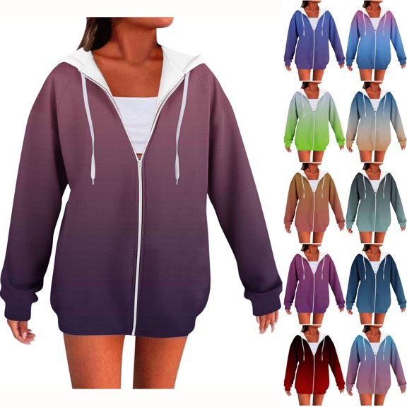 Jsaierl Womens Zip Up Hoodies Basic Gradient Hooded Sweatshirt Athletic Comfort Raglan Long Sleeve Jackets Fall Clothes S-2XL
