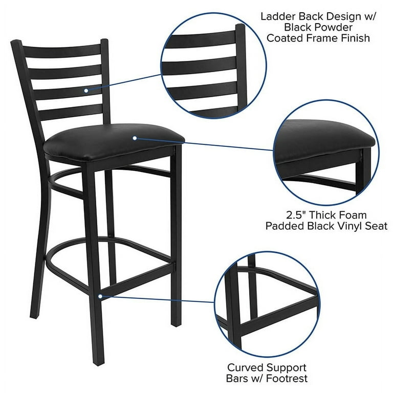 Flash Furniture HERCULES Series Black Ladder Back Metal Restaurant Barstool Black Vinyl Seat
