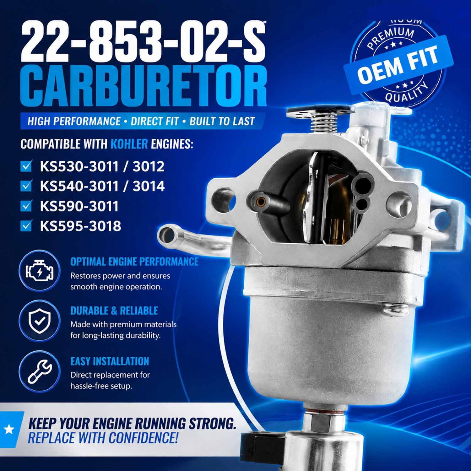 22-853-02-S Carburetor Compatible with Kohler Series Engines KS540-3011 KS530-3012 S540-3014 KS590-3011 KS595-3018,Replace Part Number KH-22-853-02-S Lawn Mower Engines Carb