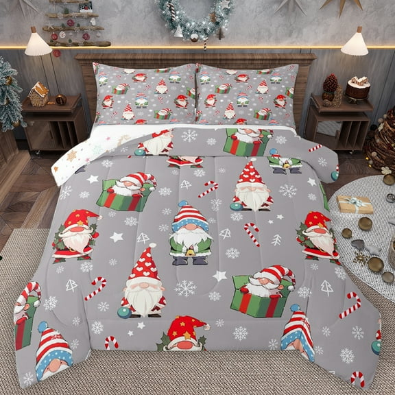 Homewish Cartoon Xmas Gnome Bedding Comforter Set,Merry Christmas Twin Comforter Sets,Kawaii Christmas Snowflake Bedding Set For Boys Kids,Super Cozy Room Decor Reversible,2pcs