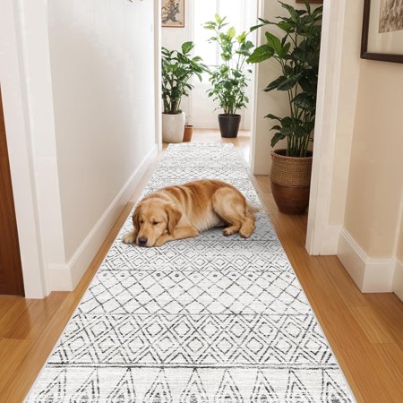 YOUFORTONG 2x6 Washable Hallway Runner Rug, Moroccan Non Slip Low Pile Waterproof Carpet for Entryway Kitchen Laundry, Geo Grey