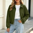 thumbnail image 2 of Ovzne Women's Zip Up Cropped Cardigan Lapel Collar Long Sleeve Jacket Drop Shoulder Ribbed Hem Casual Coat,Army Green Jackets for Women, 2 of 7