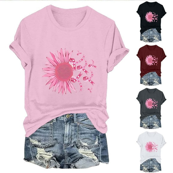 Fartey Breast Cancer Shirts for Women Soft Comfy Cancer Survivor Short Sleeve Tshirts Loose Fit Breast Cancer Awareness Crewneck Tshirts Cute Pink Ribbon Graphic Tees Black S