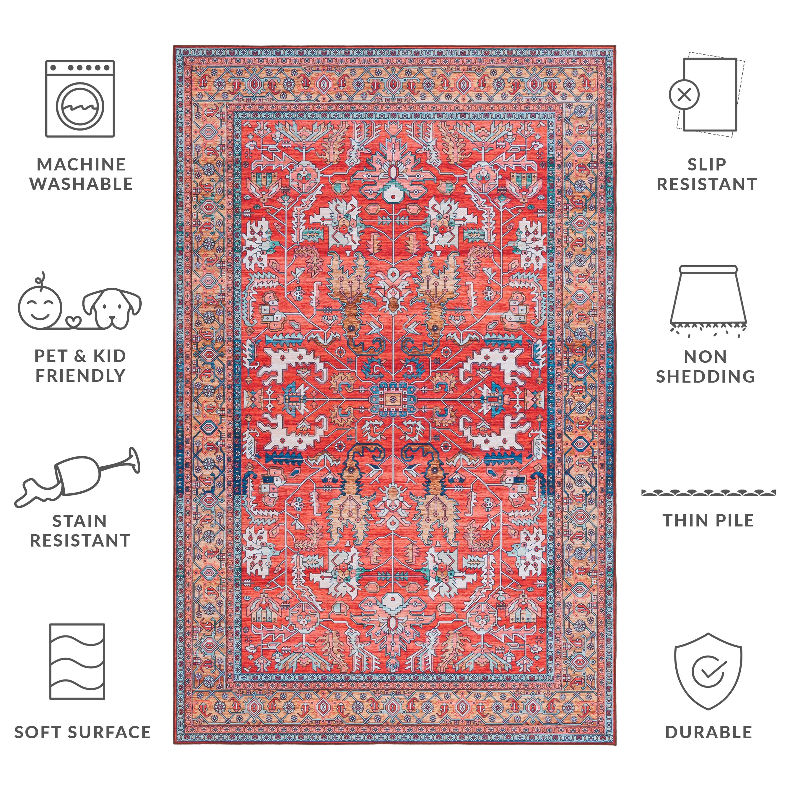 SAFAVIEH Tucson Gwendolyn Traditional Machine Washable Area Rug, Rust/Navy, 8' x 10'