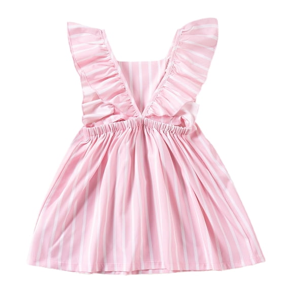 Hrsba Casual Sleeveless Dress for Girls,1-6 Years Summer Girls' Sweet Bow Striped Flying Sleeve Suspender Dress,Kids Summer Dress,Pink ,90