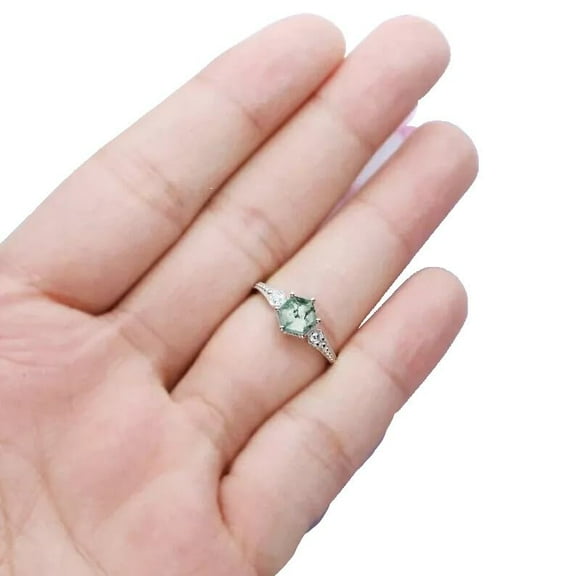 Natural Green Moss Agate Ring, Moss Agate Gemstone Ring, Birthstone, Zircon Ring, Women Ring, Gold Micron, 925 Solid Silver, Solitaire Ring, Dainty Minimalist Stacking jewelry, Valentine Gift Ring