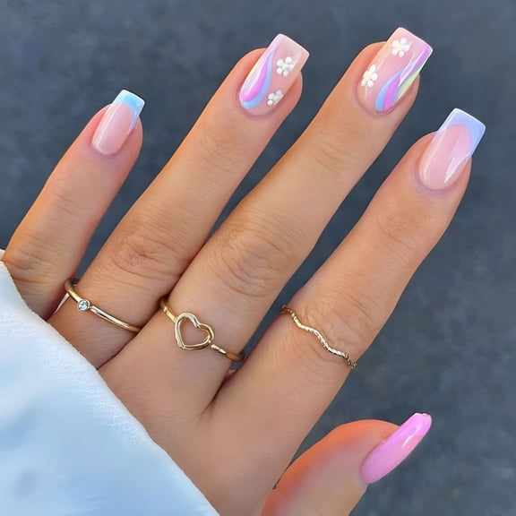 RAGUPEL Press on Nails Short Square Fake Nails Glossy Glue on Nails Spring Flower Acrylic Nails Squoval Artificial Nails Pink Blue Swirl French Tip Stick on False Nails with Design 24 pcs