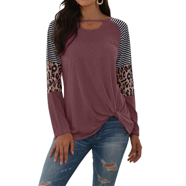 Mafulus Women Long Sleeve Leopard Color Block Tunic Tops for Leggings