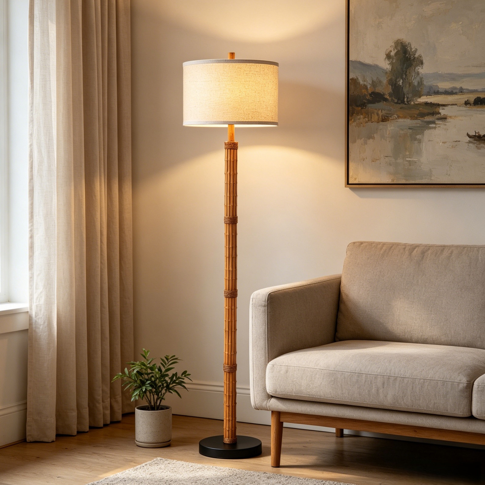RORIA 63" Bamboo Stripe Floor Lamp, Modern Farmhouse Style Standing Lamp Featuring a Knob Switch and a Linen Shade, Suitable for Living Rooms, Bedrooms, and Offices