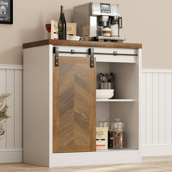 XgoodX Coffee Bar Station with Sliding Barn Door, Small Coffee Bar Cabinet Table with Storage for Kitchen, Dining Room, Entryway, White