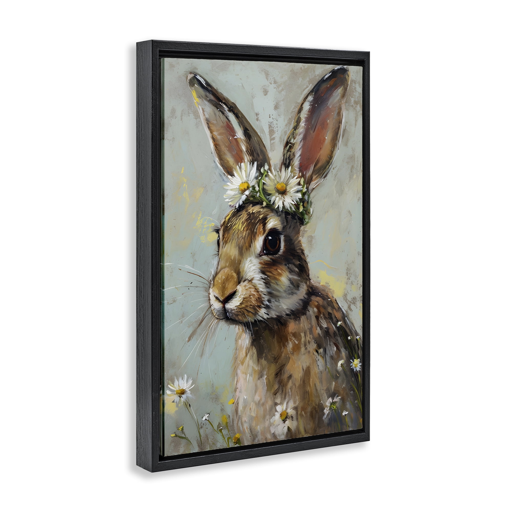 Stupell Industries Bunny & Daisy Crown Animals & Insects Painting Black Floater Framed Canvas Art Print Wall Art, 21 x 31