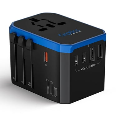 Ceptics 70W World International Travel Plug Adapter - Powerful GaN Tech with Pd & QC 3.0 Dual 3X USB-C Power - 2 USB Ports Wall Charger Type I C G A Outlets 110V 220V A/C - EU Euro US UK (70-KU)