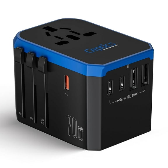 Ceptics 70W World International Travel Plug Adapter - Powerful GaN Tech with Pd & QC 3.0 Dual 3X USB-C Power - 2 USB Ports Wall Charger Type I C G A Outlets 110V 220V A/C - EU Euro US UK (70-KU)
