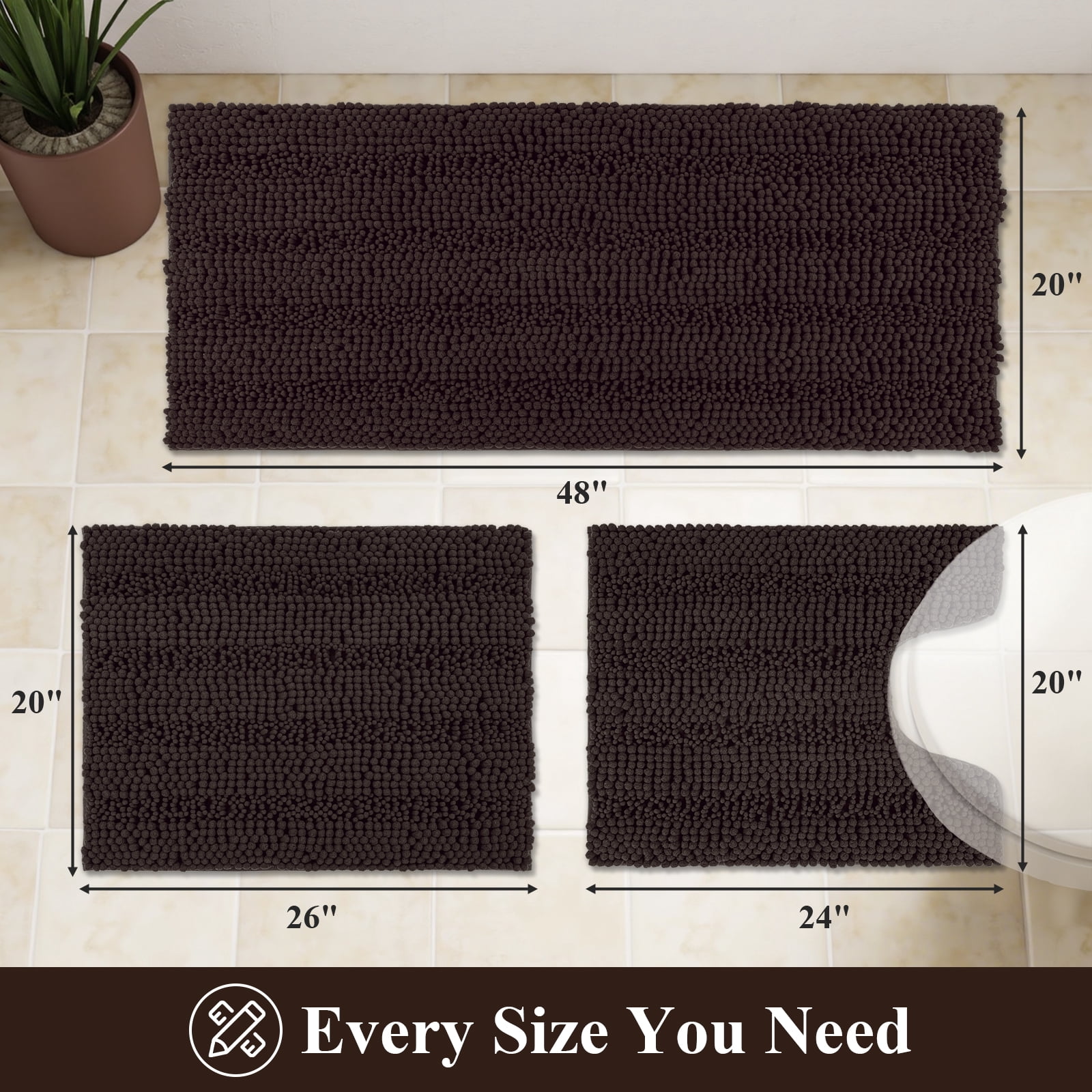Ileading Ultra Soft Bathroom Rug Set 3 Pieces, Non Slip Thick Chenille Striped Bath Mat, Absorbent Plush Shaggy Bath Rugs for Bathroom, Brown
