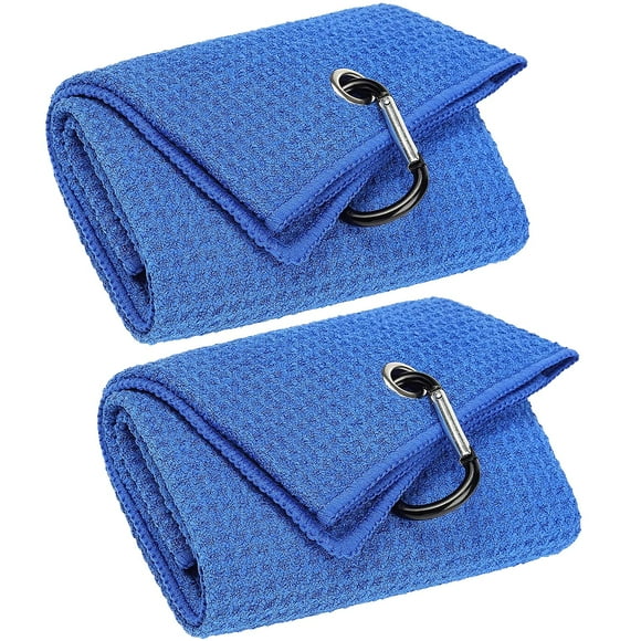 Vividly Paquete De 2 Toallas De Golf Triples, Tela De Microfibra Premium, Patrón De Gofre Con Mosquetón Negro Resistente, Toallas De Golf Azules Para Bolsas De Golf Para Hombres (Azul)