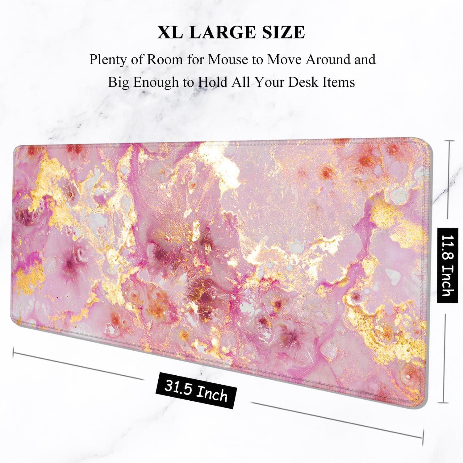 Large Mouse Pad, XXL Gaming Mousepad, Desk Mat for Desktop, Thick Rubber, Big & Long Size, Stitched Edges, Full Desk Pad for Laptop & Computer, Extended 31.5 x 11.8 in, Pink Gold Marble
