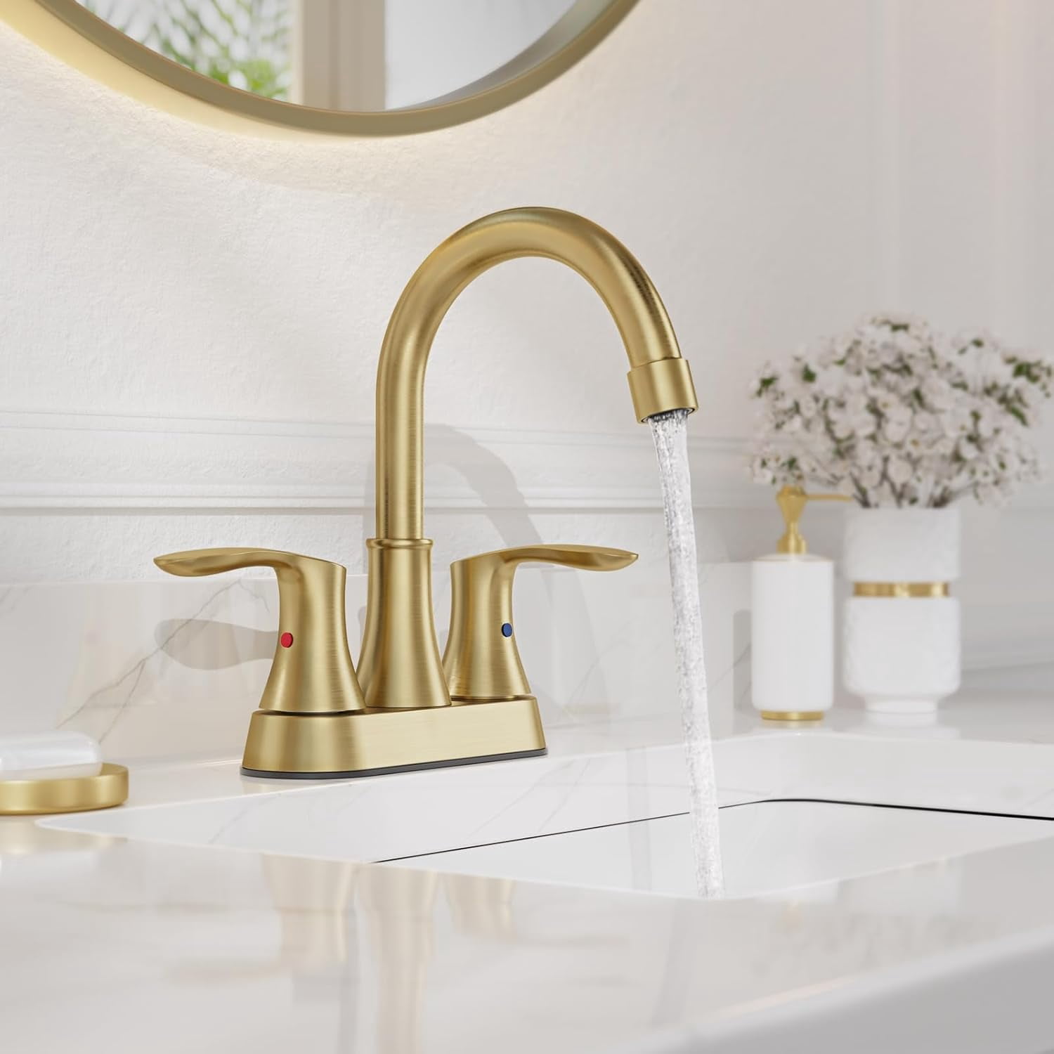 Brushed Gold Bathroom Faucet - 4 inch 3 Hole 2-Handle Centerset Vanity Mixer Taps With Drain, 360°Swivel,High Arc Design