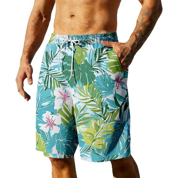 Men's Swim Trunks Hawaiian Tropical Flower Swimsuits Beach Elastic Waist Shorts with Pockets
