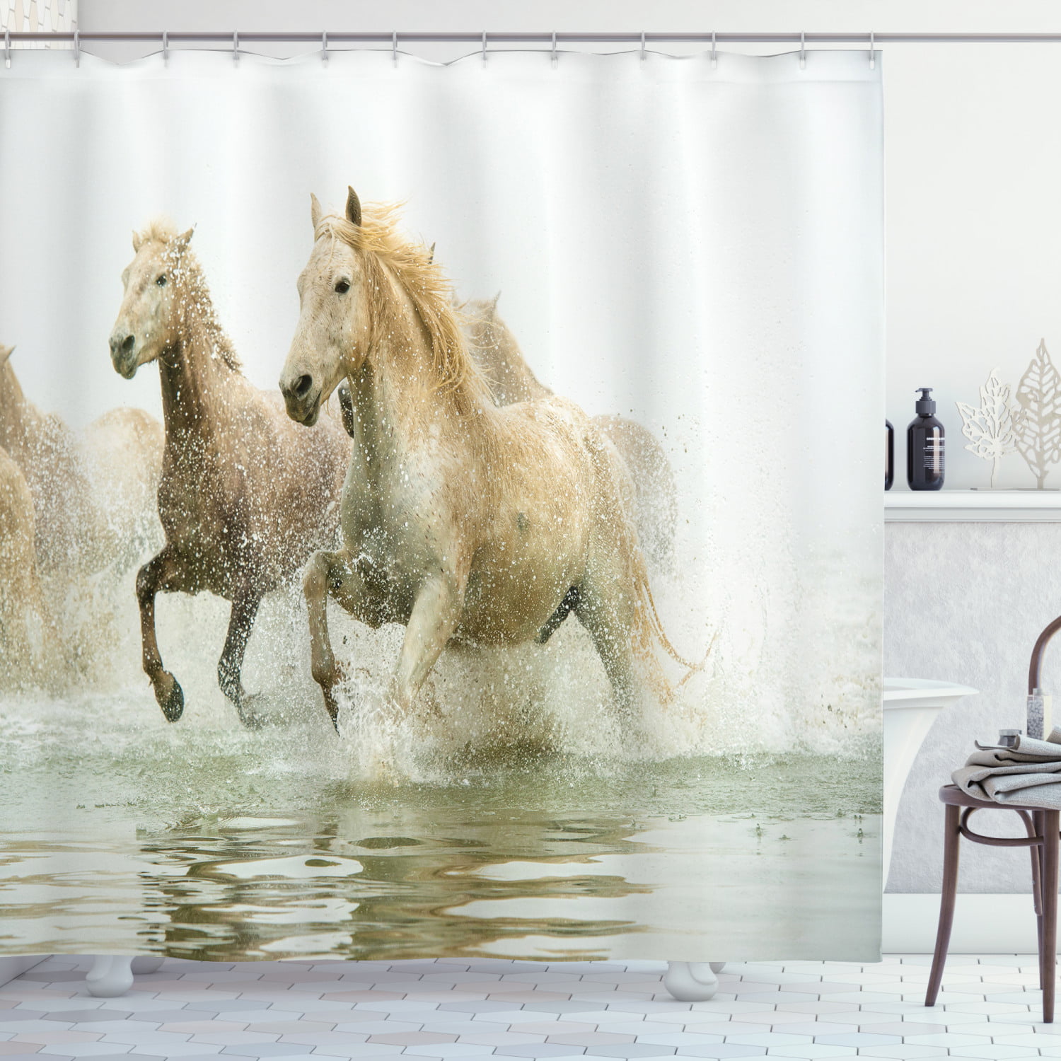 Animal Decor Aquarium Background Sticker Camargue Horses in The Water Ancient Oldest Breed in Southern France Origin Artful Photo PVC Fish Tank Background Adhesive White Beige 