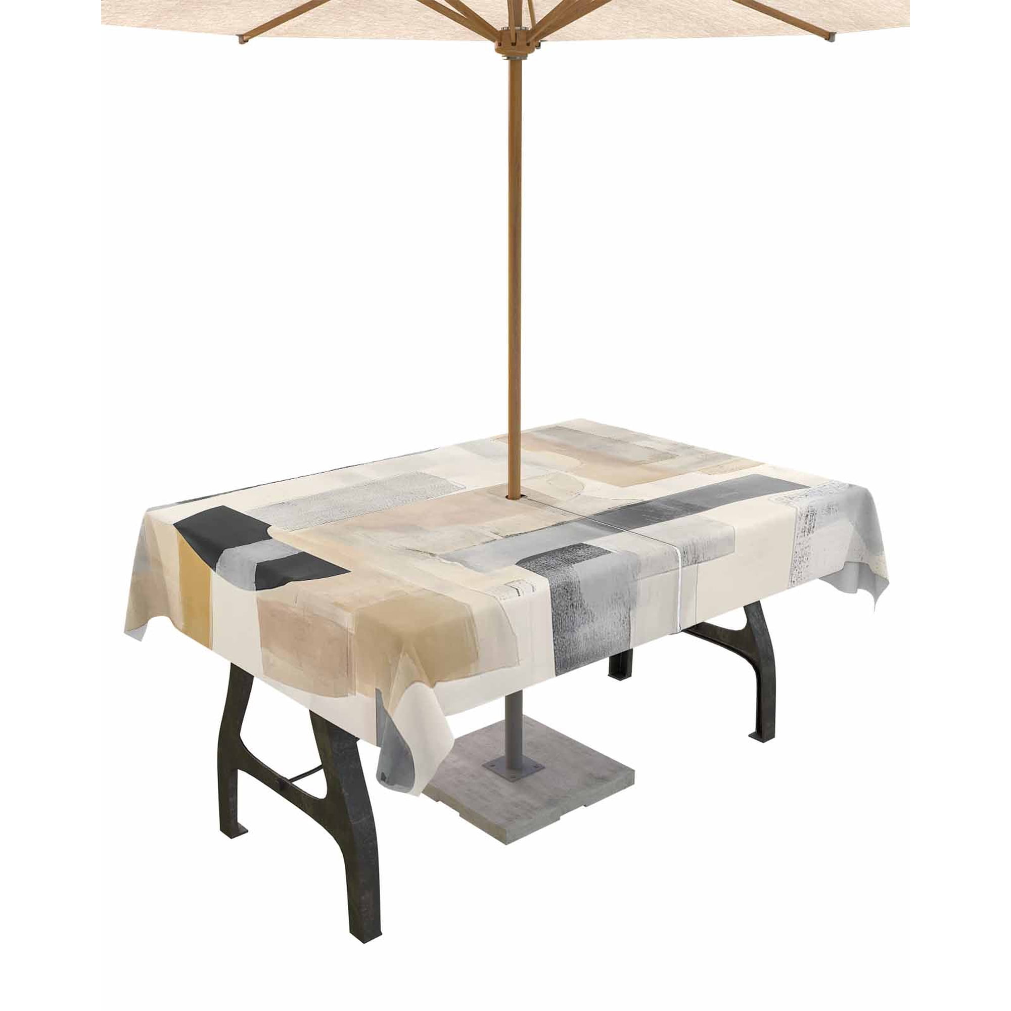 Hokiten Outdoor Tablecloths with Umbrella Hole & Zipper Abstract Geometric Rectangle Tablecloth 60x120 Inch Modern Color Blocks Brown Beige Waterproof Table Cloth Patio/Pool/Picnic Table Covers