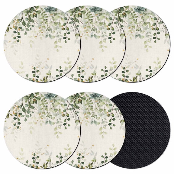 Sage Green Coasters Set of 6, Absorbent Coasters for Drinks, Eucalyptus Leaves Coaster for Desk Coffee Table Protection, Home Decor House Warming Gifts 4"
