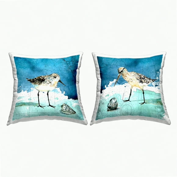 Nautical Beach Map Sandpiper Birds Pillow Set - Coastal Decorative Cushions with Blue Pattern Design by Carol Robinson - 18 x 18 inches