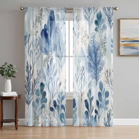 Blue Botanical Sheer Curtains 72 Inch Length 2 Panels Set, Vintage Impressionist Style Watercolor Voile Window Treatment Rod Pocket Curtains Sheers Drapes for Bedroom/Living Room/Kitchen 52"x72"x2