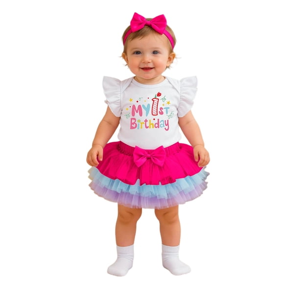 HAYIMI Baby Girl 1st Birthday Outfit Sets, Ruffle Sleeve My 1st Birthday Romper Gradient Tulle Tutu Skirt and Big Bow Headband Party Classic Clothes Sets