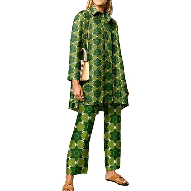 Fashnice Women Shirt And Pant Set Geometric Lounge Sets Lapel Two Piece  Outfit Straight Leg Travel Deep Green M 