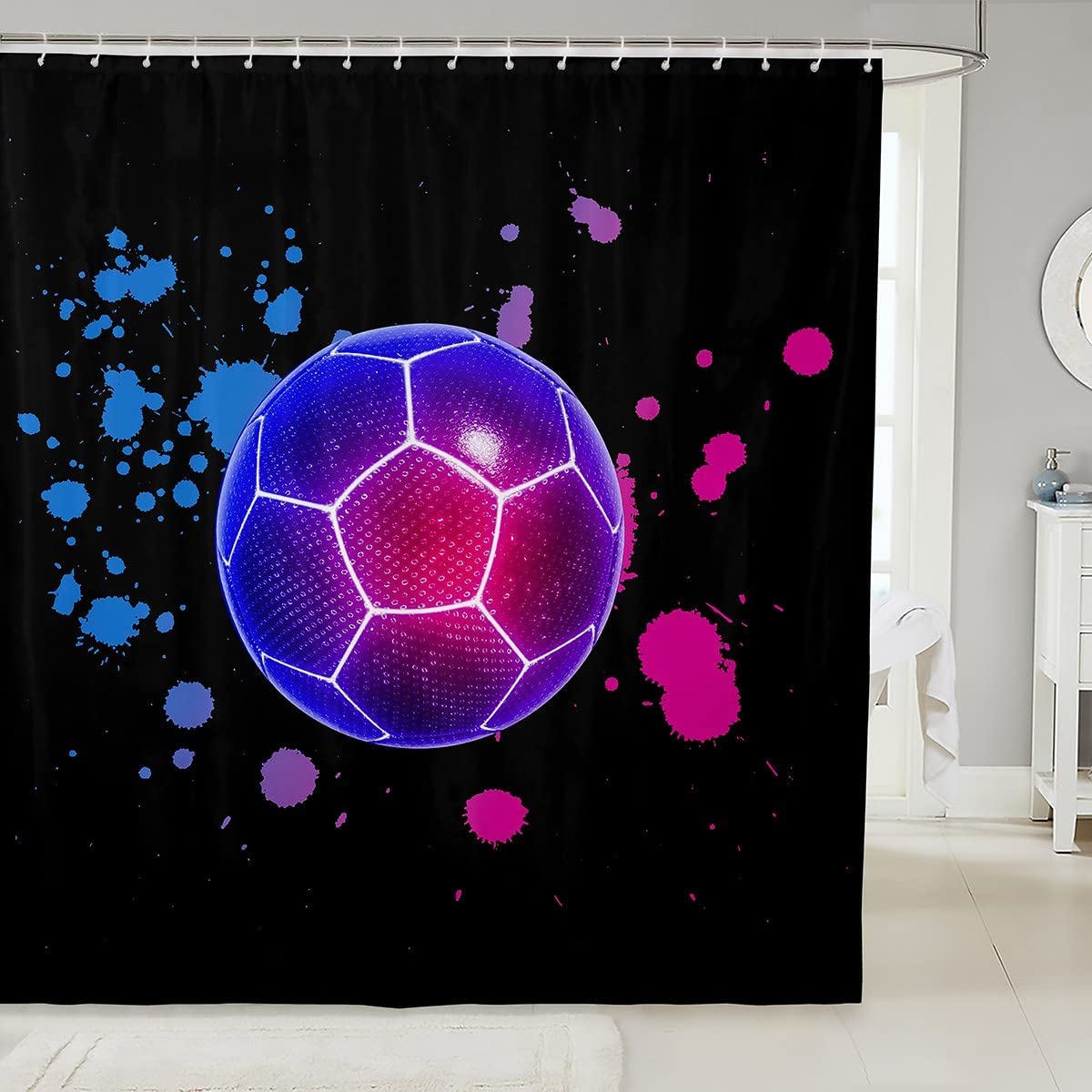 Soccer Shower Curtain Neon Soccer Bathroom Curtain, Blue Pink Splatters