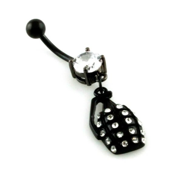 14g (1.6mm) Stainless Steel Black Cubic Zirconia Grenade Dangle Belly Ring Navel Piercing Body Jewelry