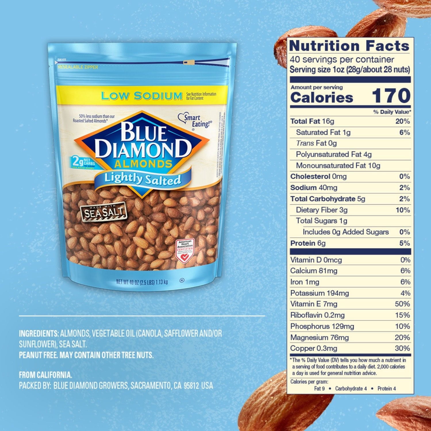 Blue Diamond Lightly Salted Whole Almonds, 40 oz. with bowl by OMA