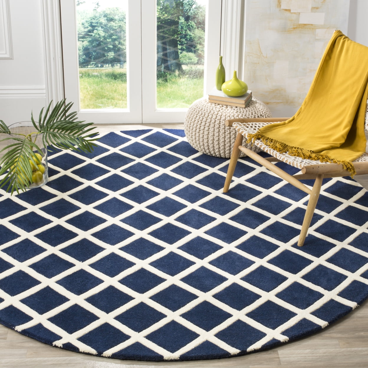 SAFAVIEH Chatham Jahn Geometric Wool Area Rug, Dark Blue/Ivory, 7' x 7' Round