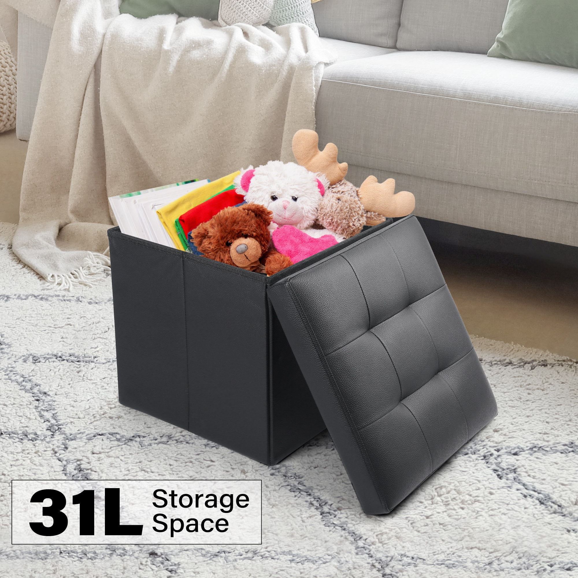 LotFancy 2 Pack 13" Faux Leather Storage Ottoman Cube, Square Foot Stool Ottoman with Storage, Black