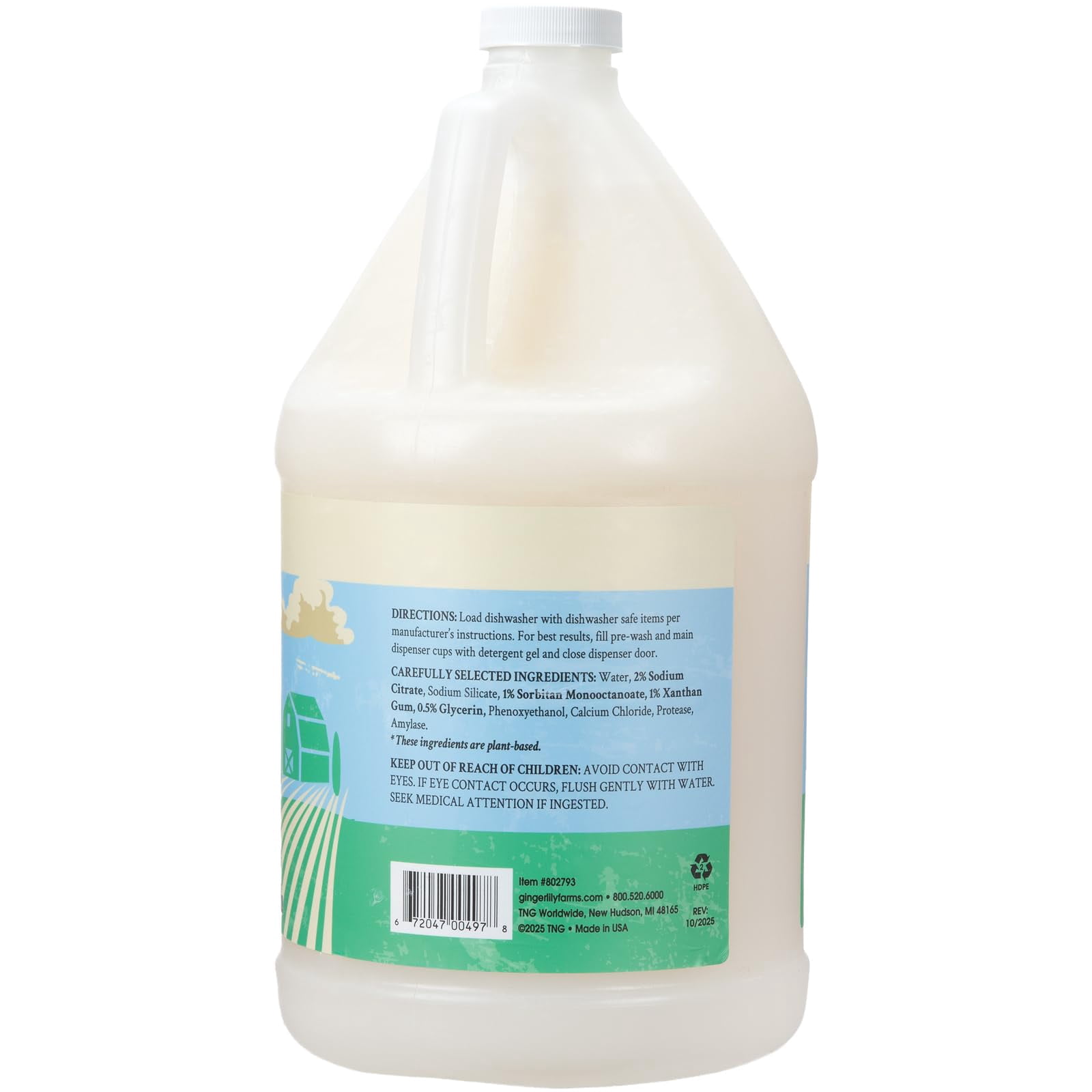 Ginger Lily Farms Botanicals Plant-Based Dishwasher Detergent Gel, 100% Vegan & Cruelty-Free, Fragrance-Free, 1 Gallon (128 Fl Oz) Refill