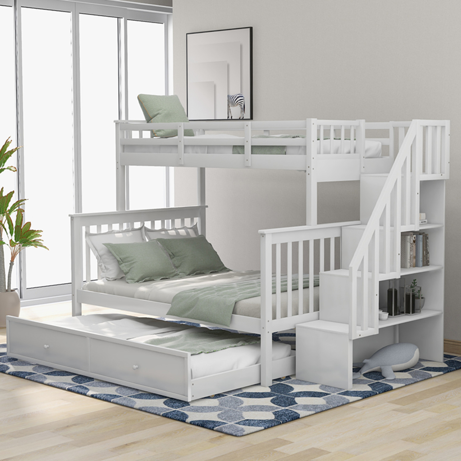 Twin Over Full Stairway Bunk Bed with Trundle, Solid Wood Bunk Bed