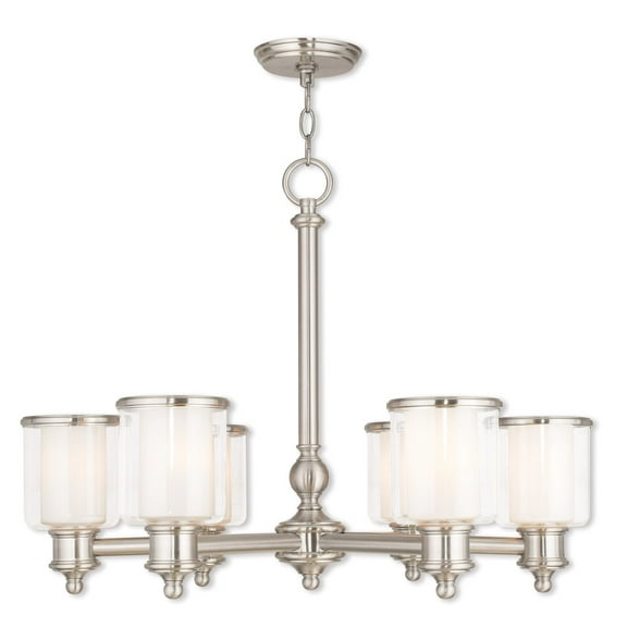 6 Light Brushed Nickel Chandelier with Clear Glass & Satin Opal White Glass Shade
