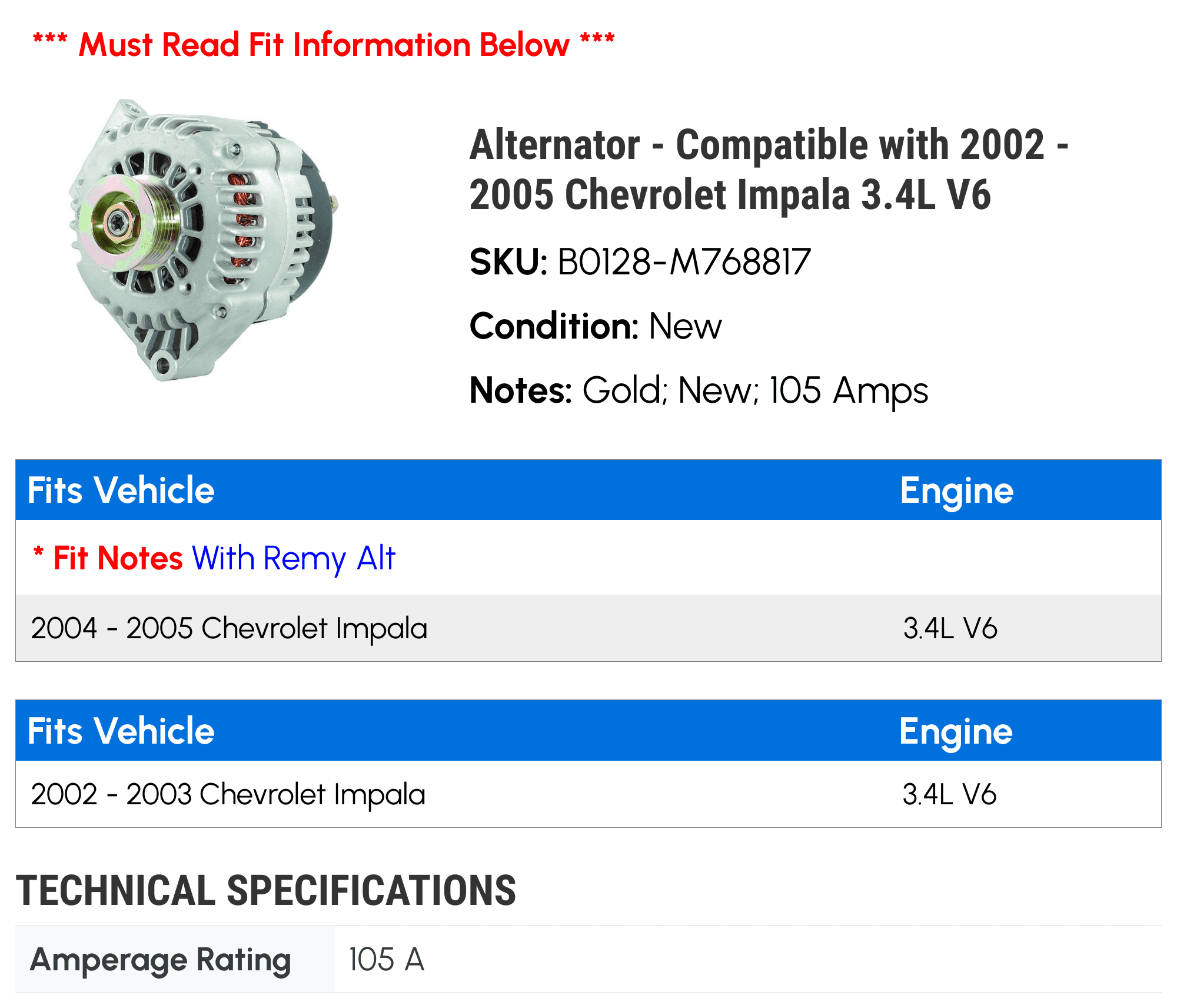 Alternator - Compatible with 2002 - 2005 Chevy Impala 3.4L V6 2003 2004