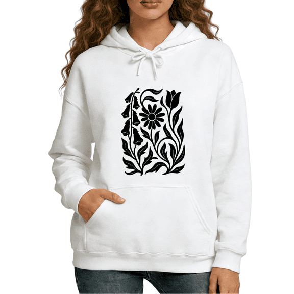 White Scandinavian Floral Hoodie Women Minimalist Botanical S-2XL Tops