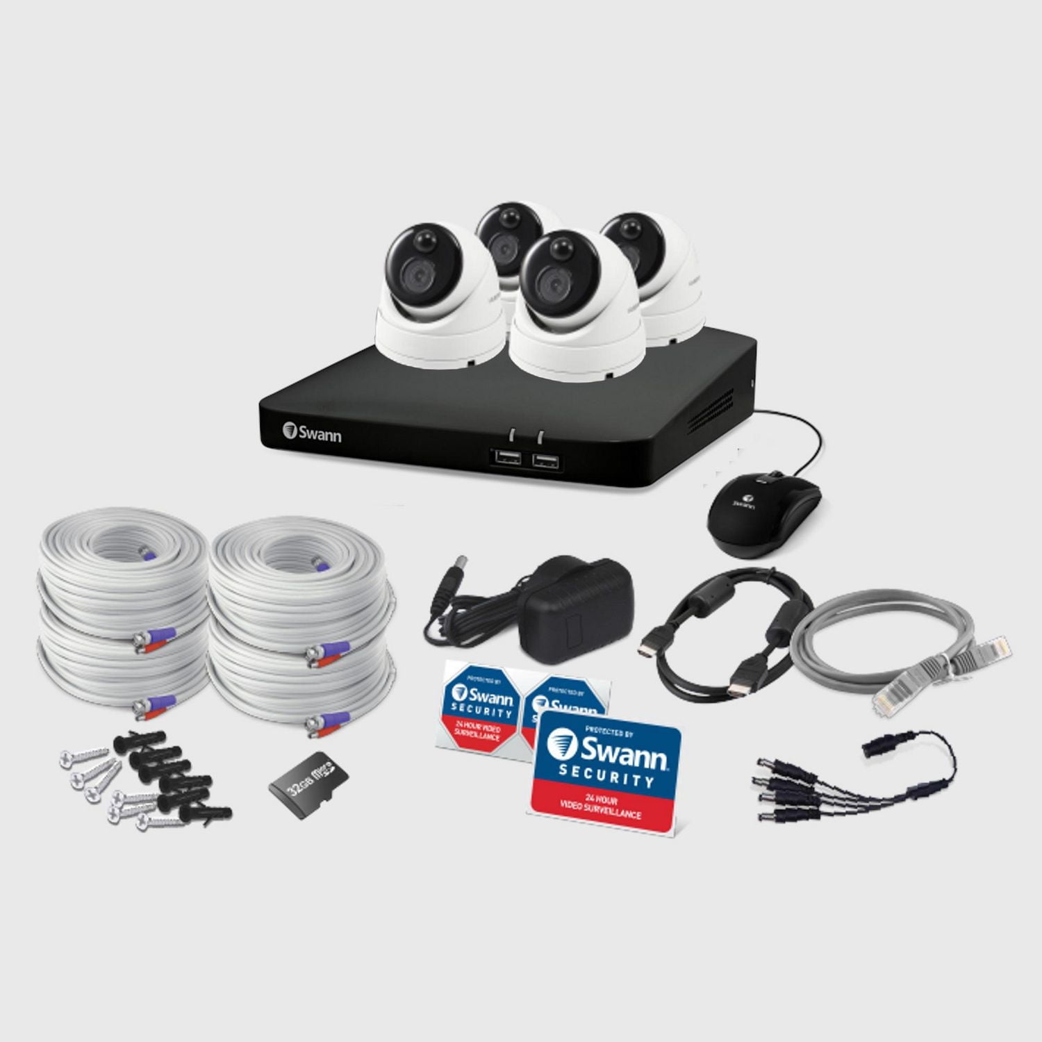 Système de sécurité Swann DVR MicroSD 1080p 4 canaux 64 Go avec 4 caméras dôme à détection de chaleur et de mouvement - Blanc